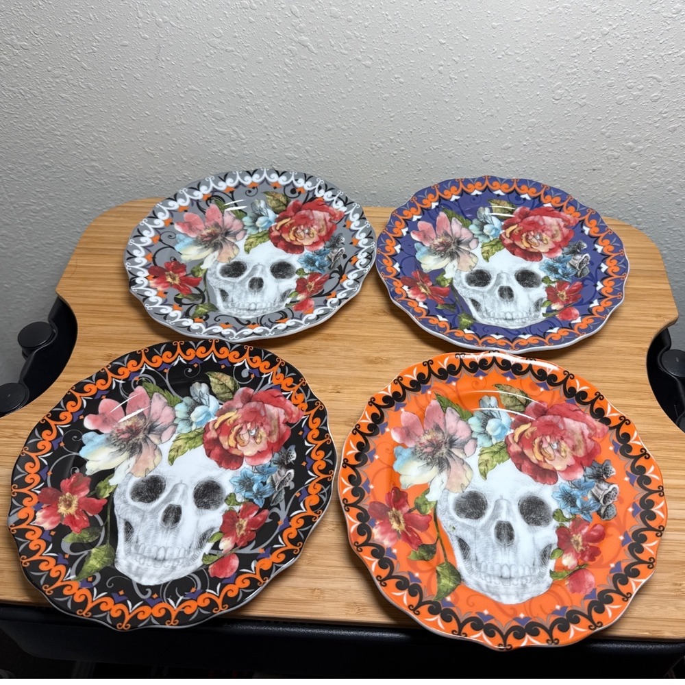 222 Fifth Marbella Skull Plates Set of 4 Multicolor Floral Halloween Gothic